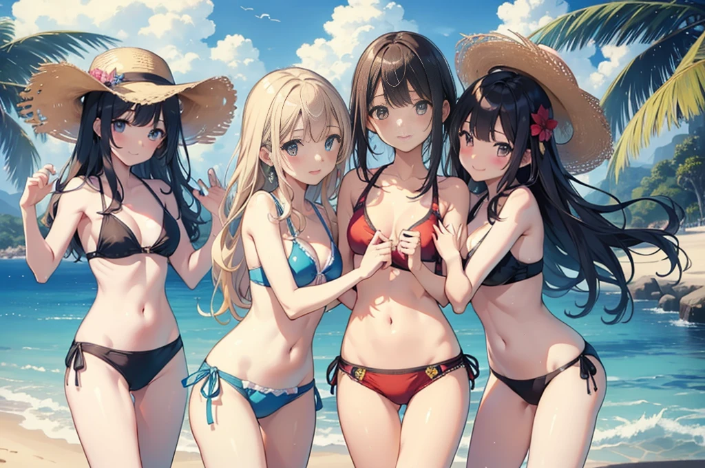 Highest quality、detailed、masterpiece、8K、(Five cute girls hugging)、slender、Wet Skin、Colorful Bikinis、beach、sun、Cowboy Shot