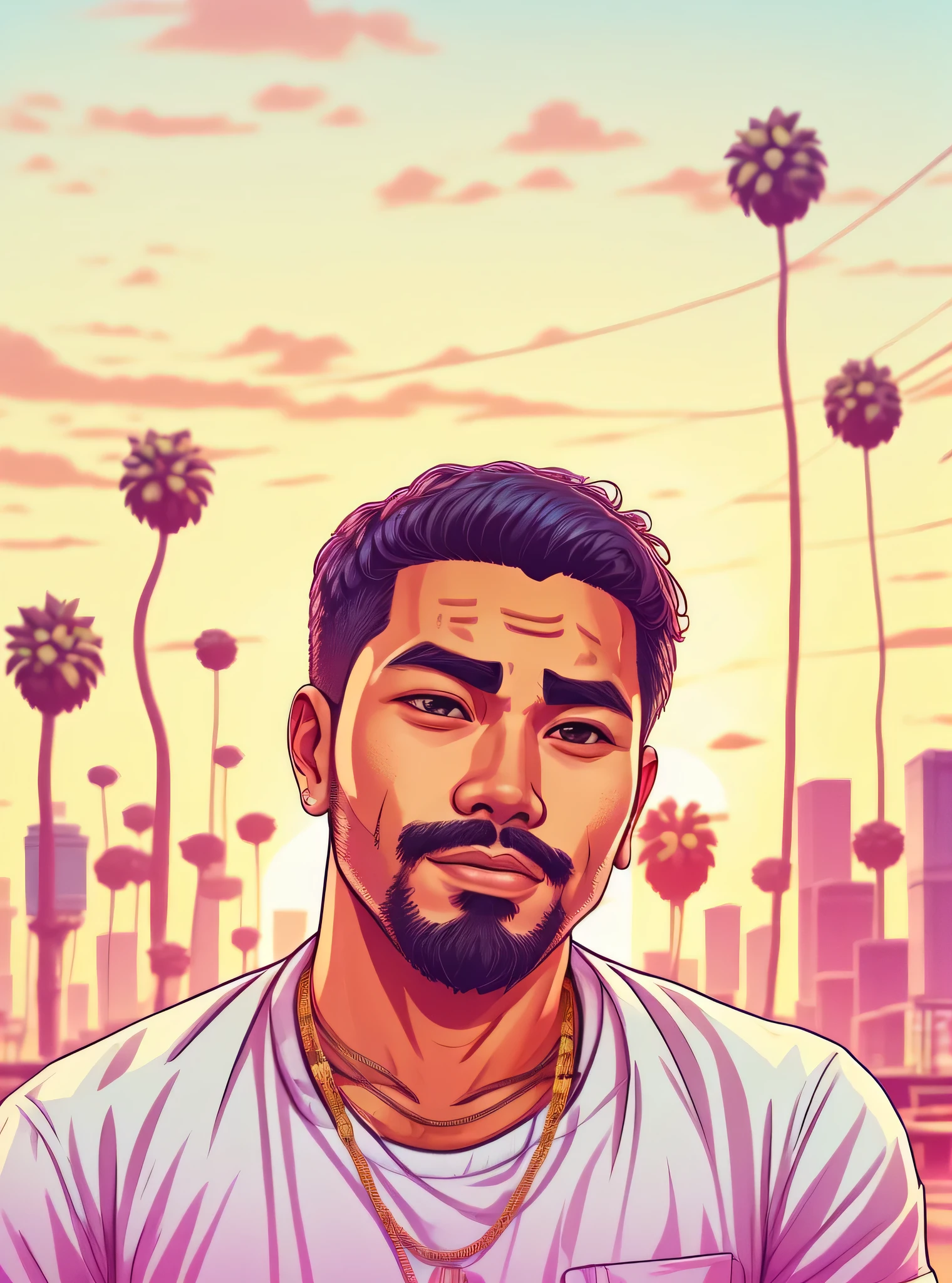 there is a man sitting at a table with a plate of food, 2 , thawan duchanee, nivanh chanthara, 2 8 years oldt asian with round face, 2 3 years old, 2 9 yearsnag, ramil sungs old, 2 2 years old, mohamed chahinGTwork ,(young pelustration, digital art, (GTA style:1.5),Art style of GTA, Art GTA bright colors, (cartoon style:1.2),(hyperdetail:1.15), glamorous style, best quality, holistic, high detail, serious,against a large metropolis, ((neon lighting)), ((Cyberpunk)),soft light,satirical,exaggerated,pop artstyle,vibrant colors,iconic characters,action-packed,((The background is an orange red city:1)),sun, coconut trees