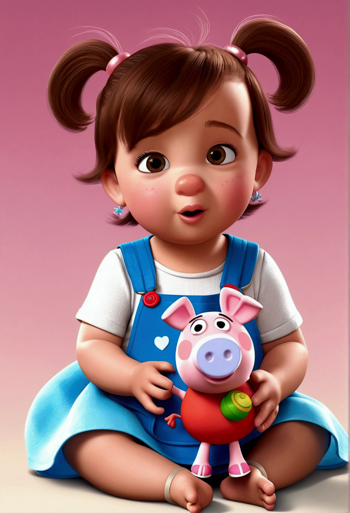 a 2 year old, sitting, thin face, slim, disney pixar style, 3d, animated cartoon, fly away, shiny colors, short light brown hair, fair brown-skinned, big dark eyes with a peppa pig toy in her hand