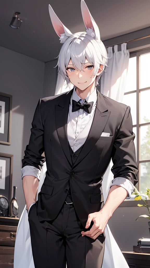 Black rabbit ears,Butler,male,Peeking into this,A white cloth is draped over his left arm.,Are standing,Butlerの格好をしたmale,High resolution, Ultra high definition, High-resolution model, Black Hair, Animal ears, Hairy ears,Bedroom smile, Black clothes,male性