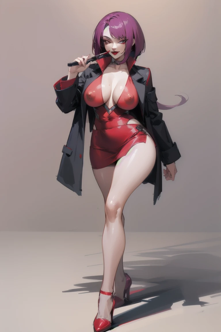 ((Highest quality)), ((masterpiece)), (Familiar), Hazy, Female,Mature Woman,Purple Hair, short hair, Low Ponytail, eye shadow, lipstick, Red eyes,Red suit shirt,Large Breasts,Erect nipples,I can see her cleavage,Red and black jacket, White tight skirt,Red Heels