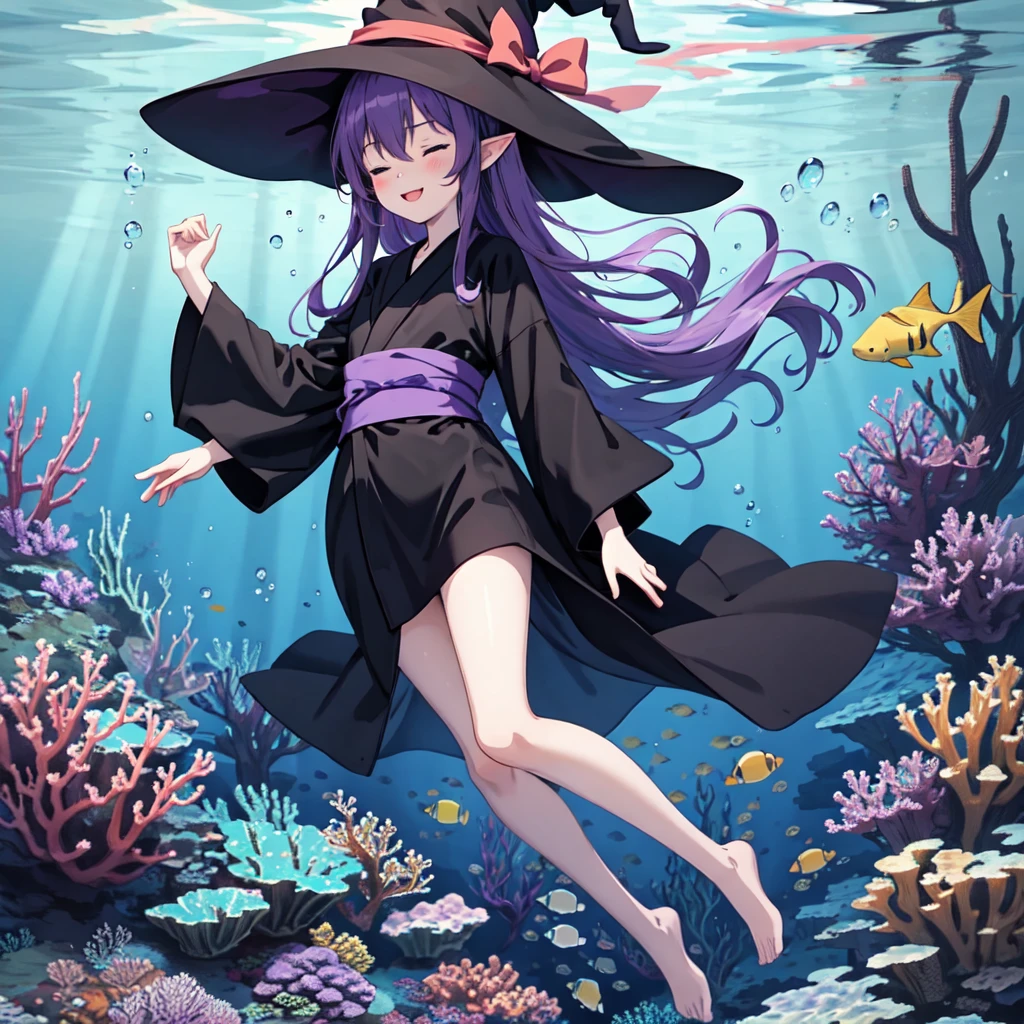 Anime girl. Long purple hair and black robe. Pointy ears. Witch hat. Cute cartoon. Illustration, one. Full body. High school student. Floating in water. Deep underwater. Underwater. Eyes closed.