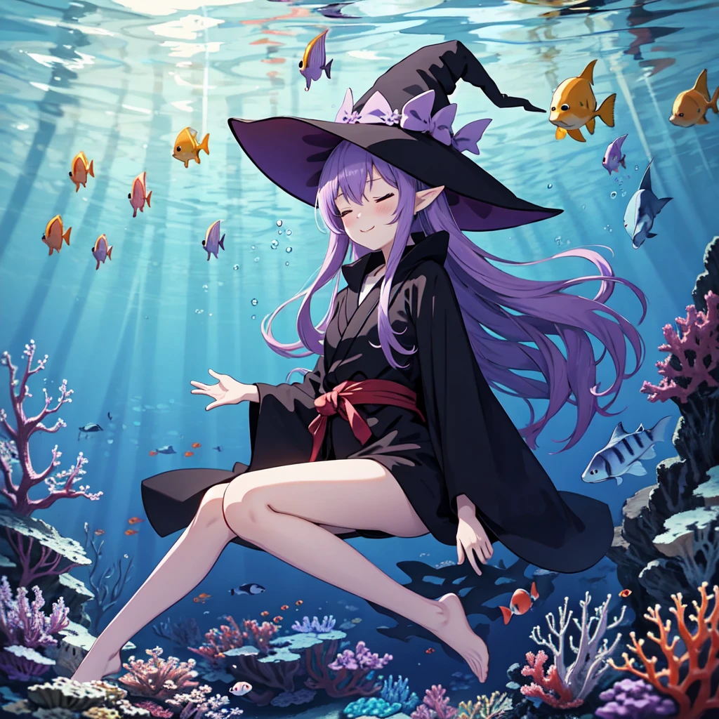 Anime girl. Long purple hair and black robe. Pointy ears. Witch hat. Cute cartoon. Illustration, one. Full body. High . Floating in water. Deep underwater. Underwater. Eyes closed.