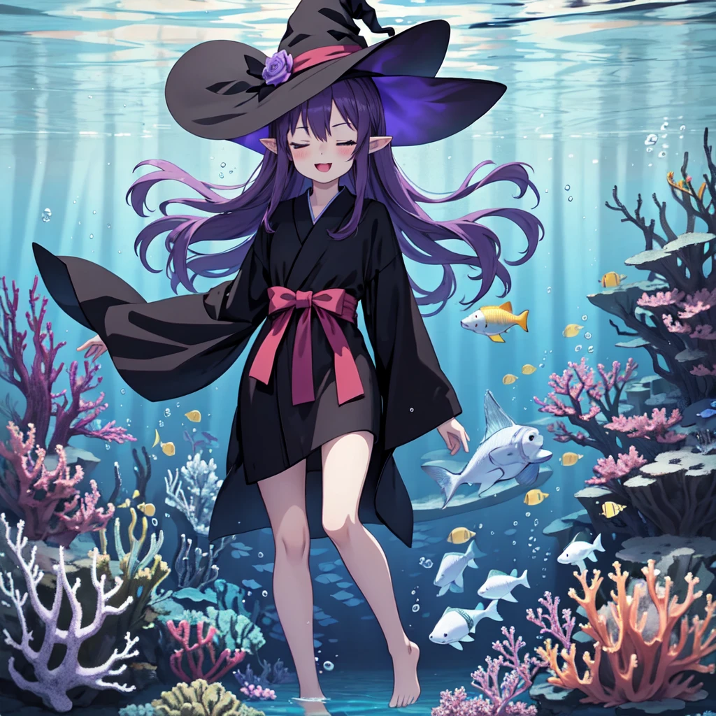 Anime girl. Long purple hair and black robe. Pointy ears. Witch hat. Cute cartoon. Illustration, one. Full body. High school student. Floating in water. Deep underwater. Underwater. Eyes closed.