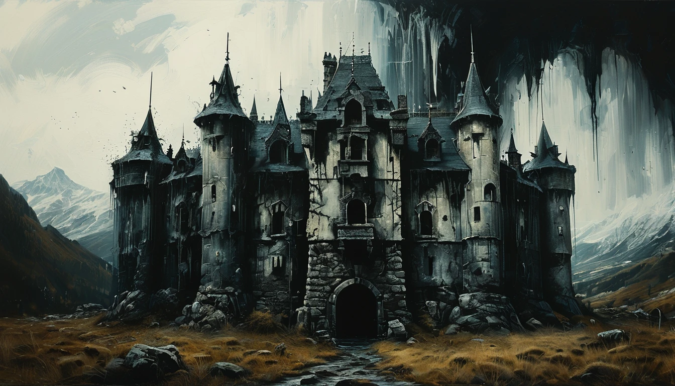 impactful paint of an horror castle    highly detailed,   8k,   sharp,  professional, clear,   high contrast, high saturated, , vivid deep blacks, crystal clear