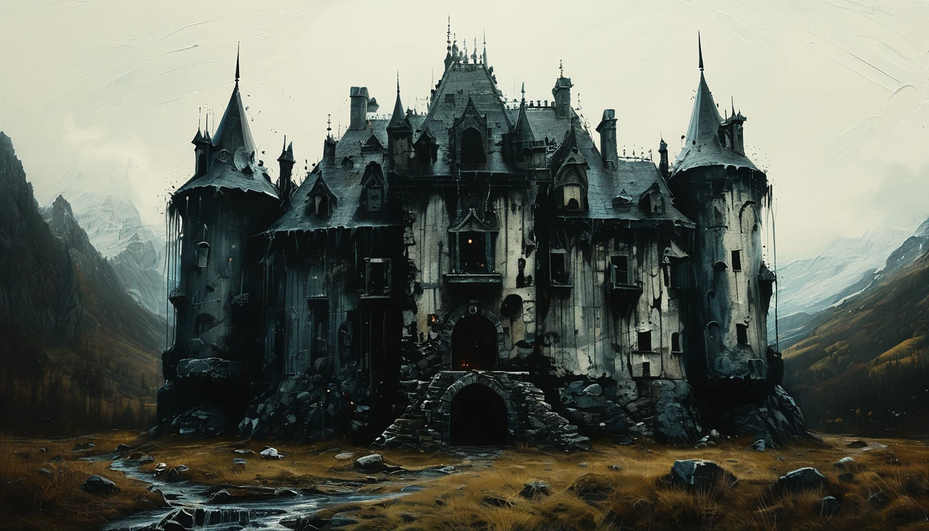 impactful paint of an horror castle    highly detailed,   8k,   sharp,  professional, clear,   high contrast, high saturated, , vivid deep blacks, crystal clear