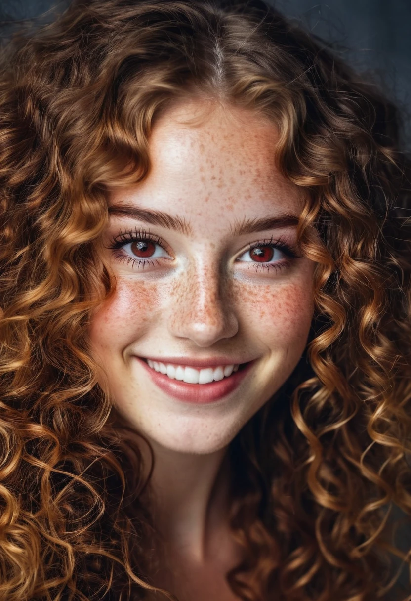 beautiful woman, (freckles), Big smile, ruby eyes, long curly hair, dark makeup, Highly detailed photography, soft light, Head and shoulder shots, obscure