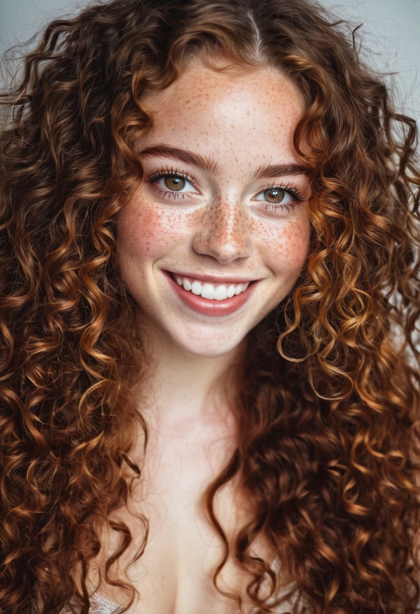 beautiful woman, (freckles), Big smile, ruby eyes, long curly hair, dark makeup, Highly detailed photography, soft light, Head and shoulder shots, obscure