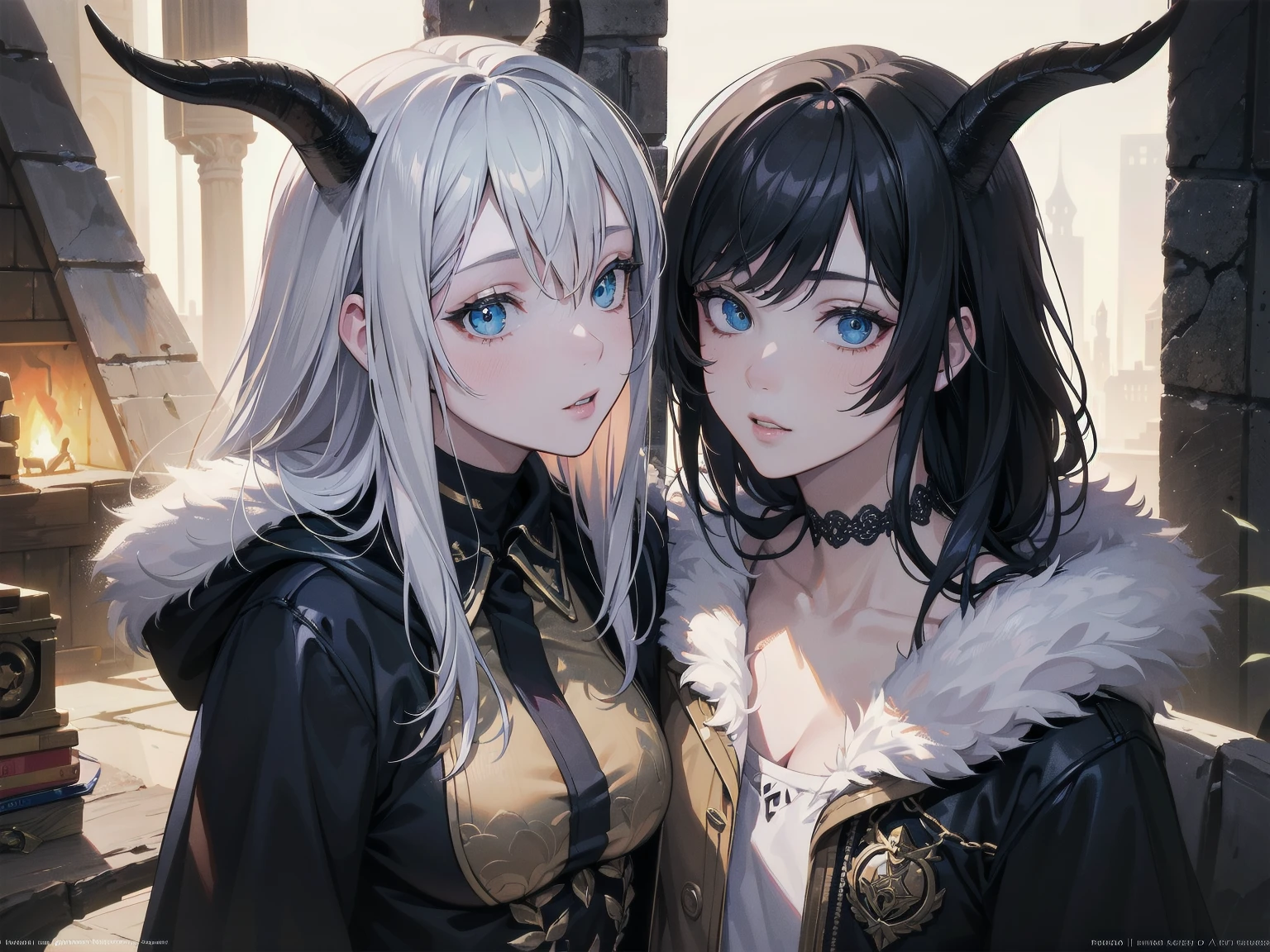 Plans d'animation,dans un style manga,représentants une fille, avec des corne de demons sur la tete,cheveux noir, yeux blanc (( pas de pupille )), tenant une epee de lumiere, combattants des chasseur,dans une ruelle sombre, d'une cite médiévale.