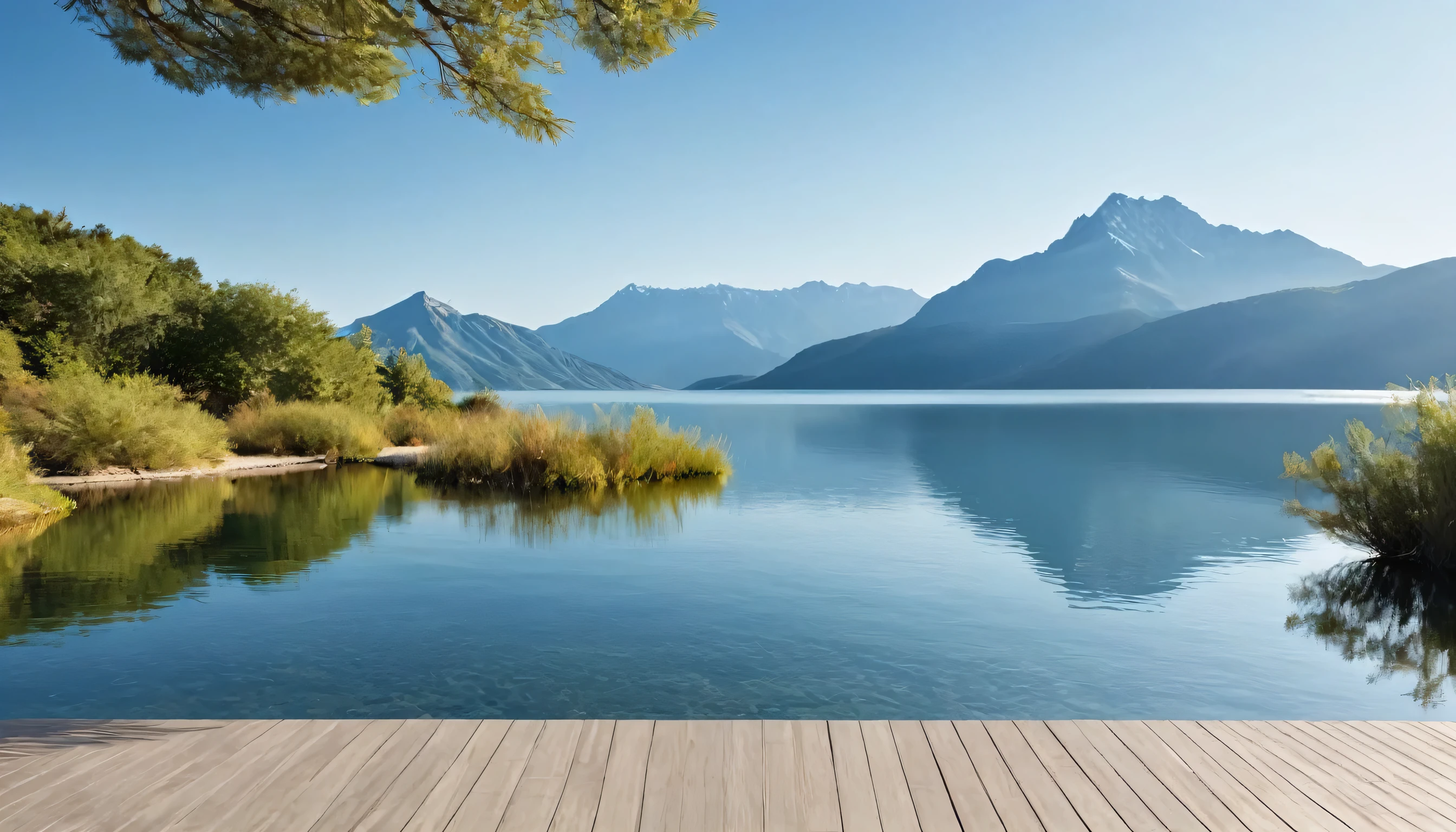 Create a serene landscape with minimalist design elements, featuring a tranquil lake surrounded by mountains under a clear blue sky.