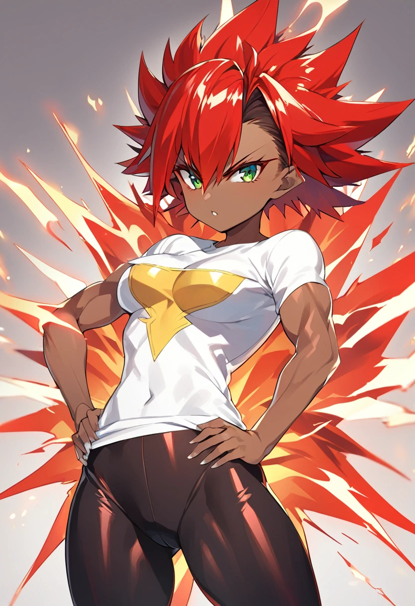 a girl, Saiyan, super saiyan, strong spiky red hair, green eyes, defined muscles, thin waist, wide hips, dark skin, medium breasts, tight clothes, white t-shirt, black pants, hot red aura around her, heat emanating
