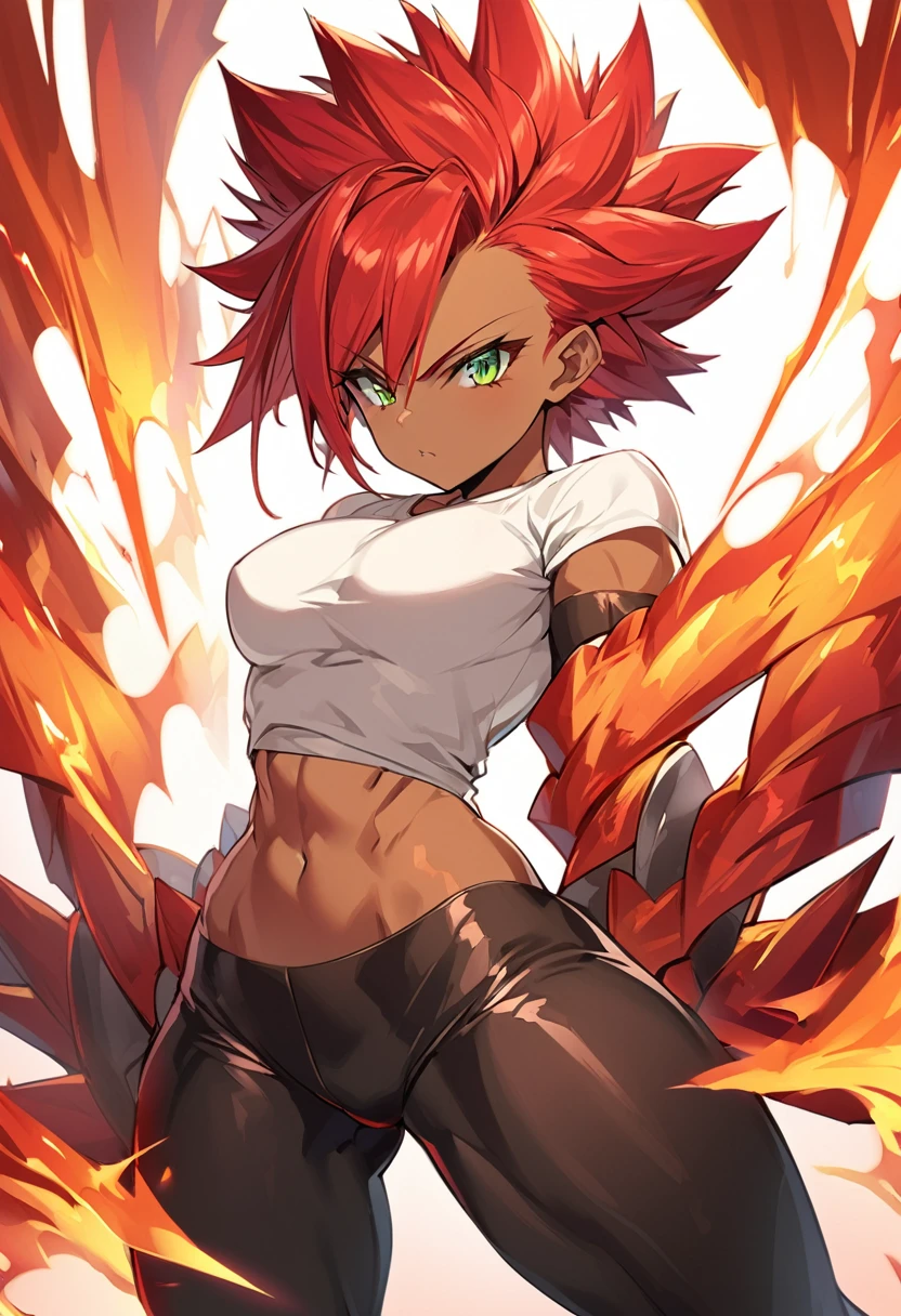 a girl, Saiyan, super saiyan, strong spiky red hair, green eyes, defined muscles, thin waist, wide hips, dark skin, medium breasts, tight clothes, white t-shirt, black pants, hot red aura around her, heat emanating