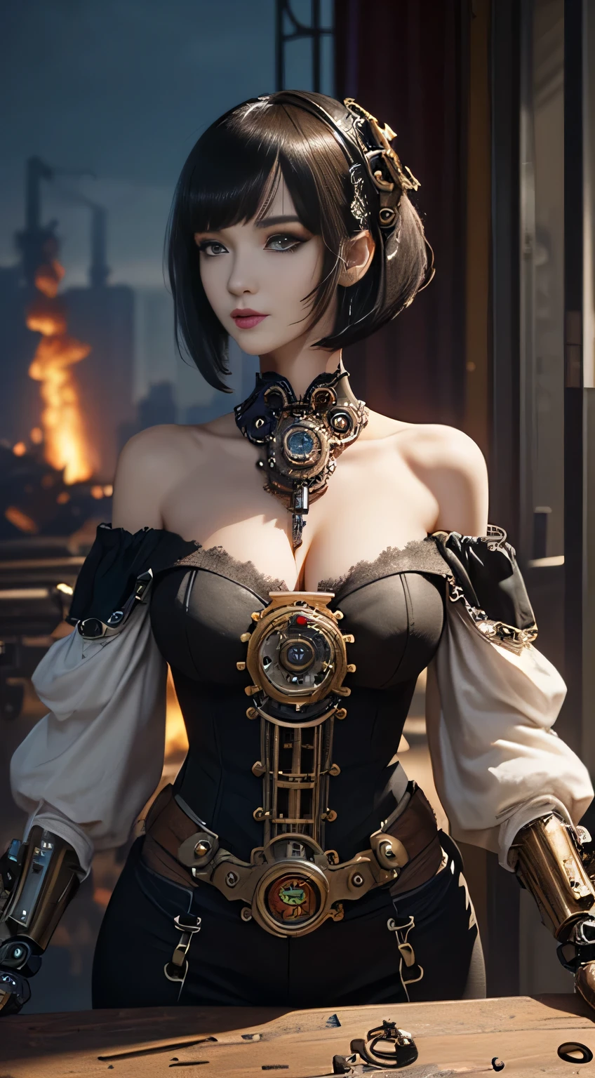 (((Masterpiece))), (((top quality))), (((super detailed))), Combat action poses, One female, (((Very Slender body))), 18 years old,  (((short black bob, thick puffy bangs))), cosmetics-free, small thin nose, small thin-lipped mouth, (((very sharp focused eyes))), large slit precision pale grey eyes, sparkling like jewels, Long eyelashes, ((Very intricate mechanical steampunk fashion, Off-shoulder gothic fashion, Excessively decorative fashion)), (((The night an abandoned, intricately mechanized steampunk factory burns and explodes))), (((overall accuracy has improved dramatically, creating a super detailed and realistic image))).