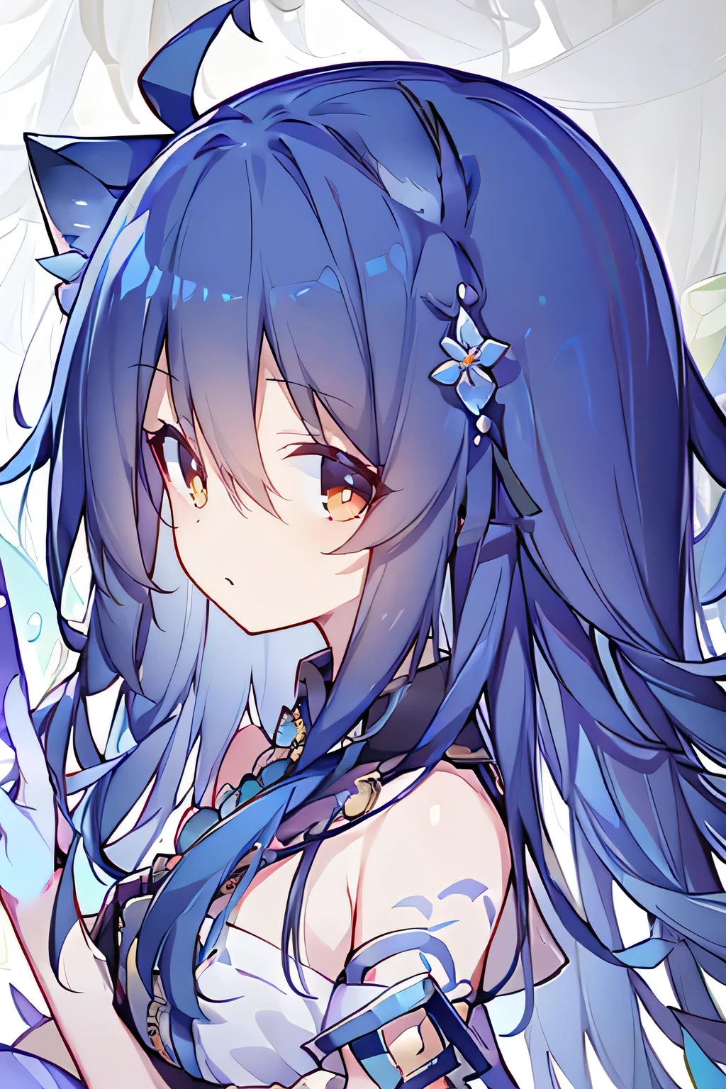 (masterpiece:1.2),Super detailed,lifelike,Expressive eyes,fair skin,perfect face shape,1 girl,
Japanese comics,Gorgeous blue hair,flowing blue hair,flowing clothes,Cat ears,Petals fall,beautiful lola,Baby Angel,
Shaking head with one hand,Cross your legs,,The pavilion is cool and comfortable,smile,back views,sunrise,Petals fall