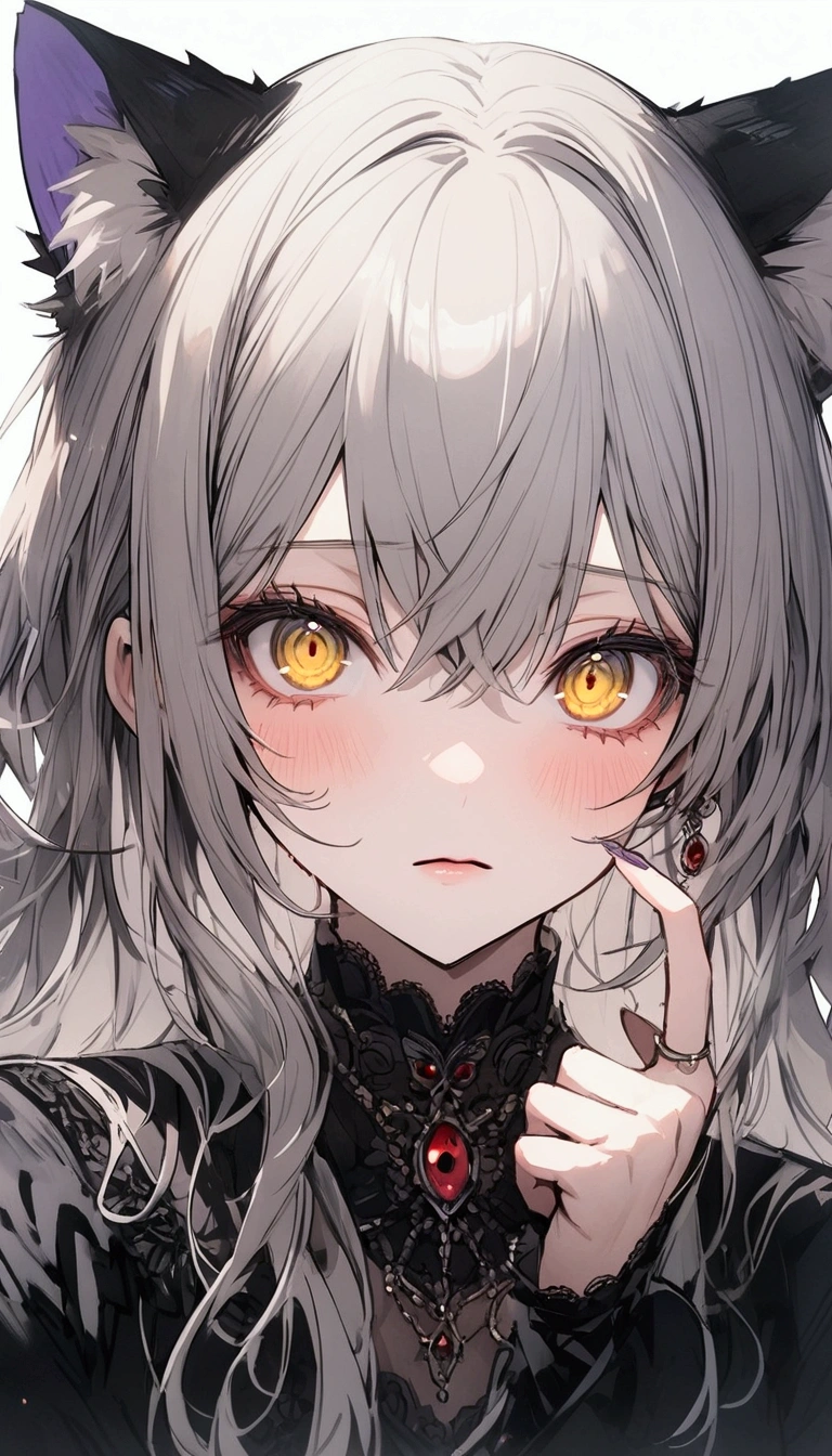 Highest quality, Expressive eyes, Perfect Face, Gray Hair, Black jacket, Cat ear, cat&#39;s eyes, Yellow Eyes, Long Hair, chest, 1 female,