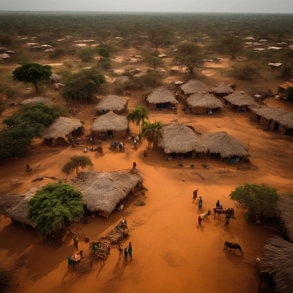 Aerial view of an African people in a West African village ravaged by an epidemic