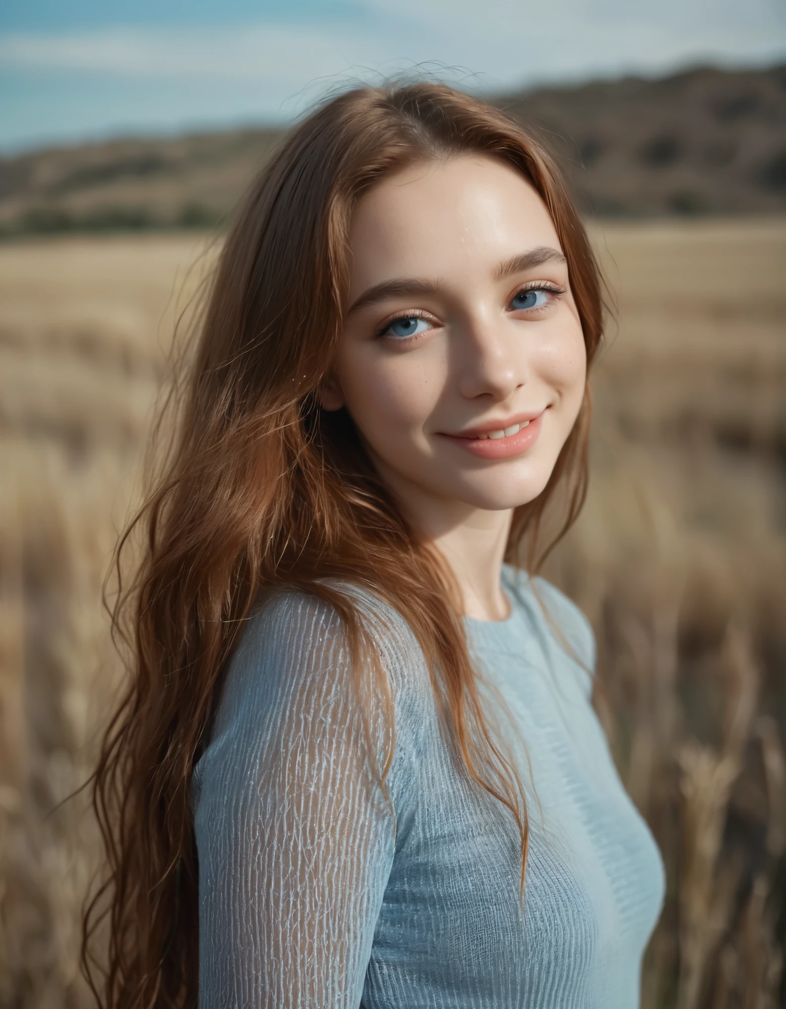 photoshoot, photo studio, RAW photo, editorial photograph, film stock photograph, cinematic, posing, amateur photo, face portrait, analog, raw, f2, 35mm, an (amateur photo), flash photography, taken on an old camera, polaroid, 8k, highly detailed, (high quality, best quality:1.3), Extremely high-resolution, film grain, very long hair, picture of a beautiful young woman, NOT dasha_taran, Nina Fortiner, sfw, ((natural auburn hair)), long (waist-length:1.2) combed auburn hair, ((macro lens)), natural, blue eyes, ultradetailed realistic eyes, feminine expressions, photography, dslr, 35mm, Fujifilm Superia Premium 400, Nikon D850 film stock photograph, Kodak Portra 400 f1.6 lens, 8k, UHD, european woman, realistic skin, skin pores, (whole head, do not crop head), whole head is visible, detailed background, midwest facial features, from side, gently smiling, perfect teeth