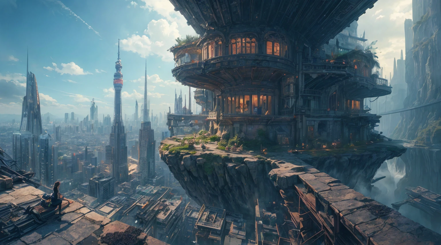(best quality,4k,8k,highres,masterpiece:1.2),ultra-detailed,(realistic,photorealistic,photo-realistic:1.37),huge castles,skyscrapers floating in the sky,utopia,top quality fantasy,cyberpunk isekai,giants waterfall,mother nature,unimaginable,unbelievable,virtual reality,oasis of serenity,colorful neon lights,futuristic technology,vibrant cityscape,awe-inspiring architecture,unlimited possibilities,mesmerizing view,ethereal atmosphere,enchanting environment,majestic structures,thousands of feet high,sparkling clear water,breathtaking scenery,transcendent beauty,surreal landscape,architectural marvels,wonder of nature,harmony between man and nature,limitless imagination,urban paradise,dream-like setting,unrealistically magnificent,picture-perfect moments,serene tranquility,spellbinding aesthetic,awe-inducing skyline