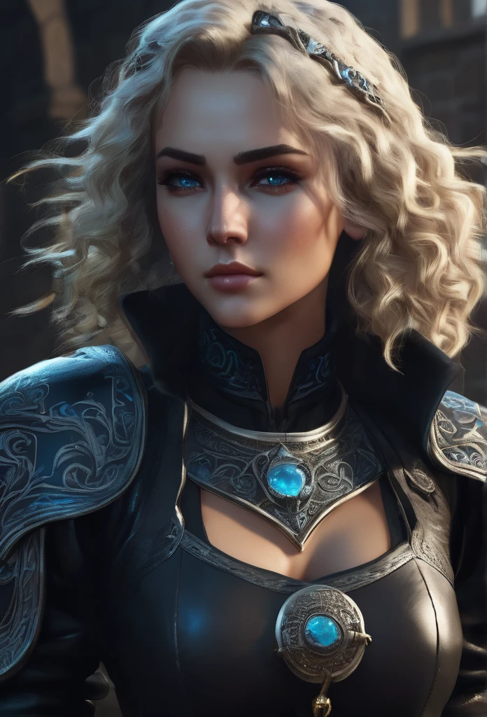 Necromancer Ranger Female, short curly hair blonde with highlights, medieval times, blue-grey eyes ,dark background. black colored clothes
