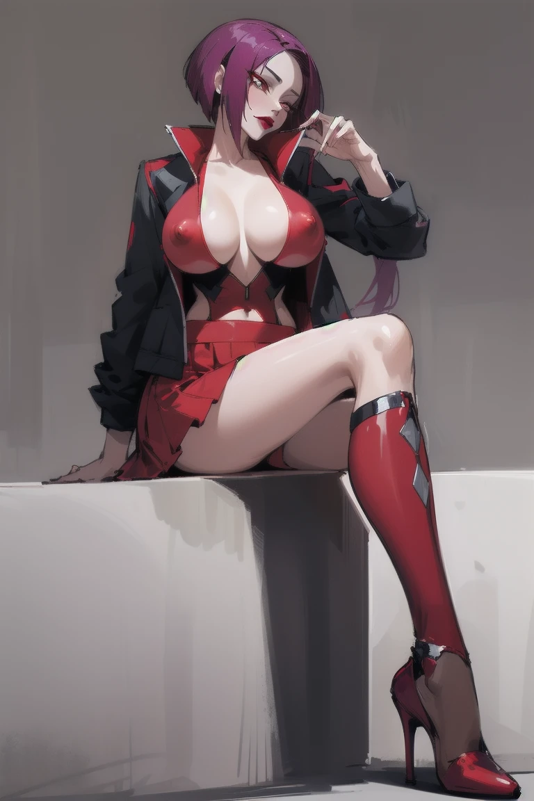 ((Highest quality)), ((masterpiece)), (Familiar), Hazy, Female,Mature Woman,Purple Hair, short hair, Low Ponytail, eye shadow, lipstick, Red eyes,Red suit shirt,Large Breasts,Erect nipples,I can see her cleavage,Red and black jacket, White tight skirt,Red Heels