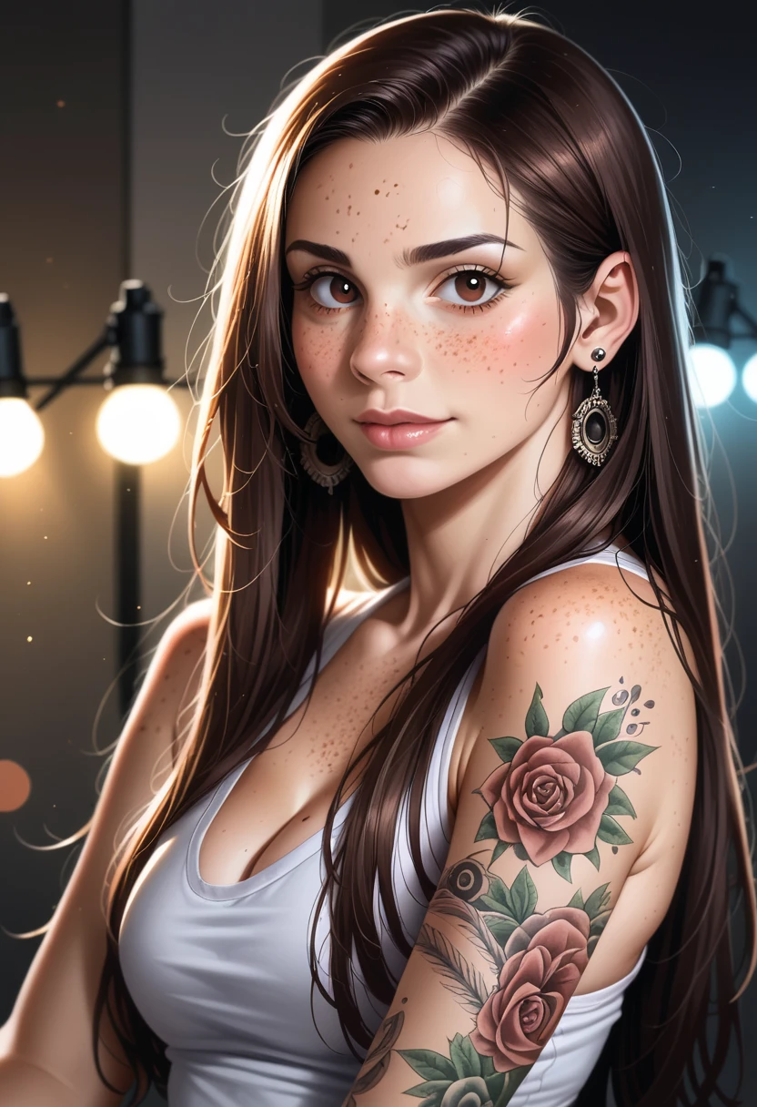 Alexa Pearl em um top branco molhado, sentado em uma antiga oficina, sozinho, usando botas marrons de pernas curtas, geme de prazer, expression of pleasure, satisfaction, orgasmo, seios grandes (Alexa Pearl fans only) seus seios duros, Wet , sem calcinha,  Cancro,  Depilado, lascivo, realistic lighting, cinemactic, side-lighting, luz em seu rosto, tattoo on upper arm, Arm covered with flowery tattoo, ultra-resistance, 4k