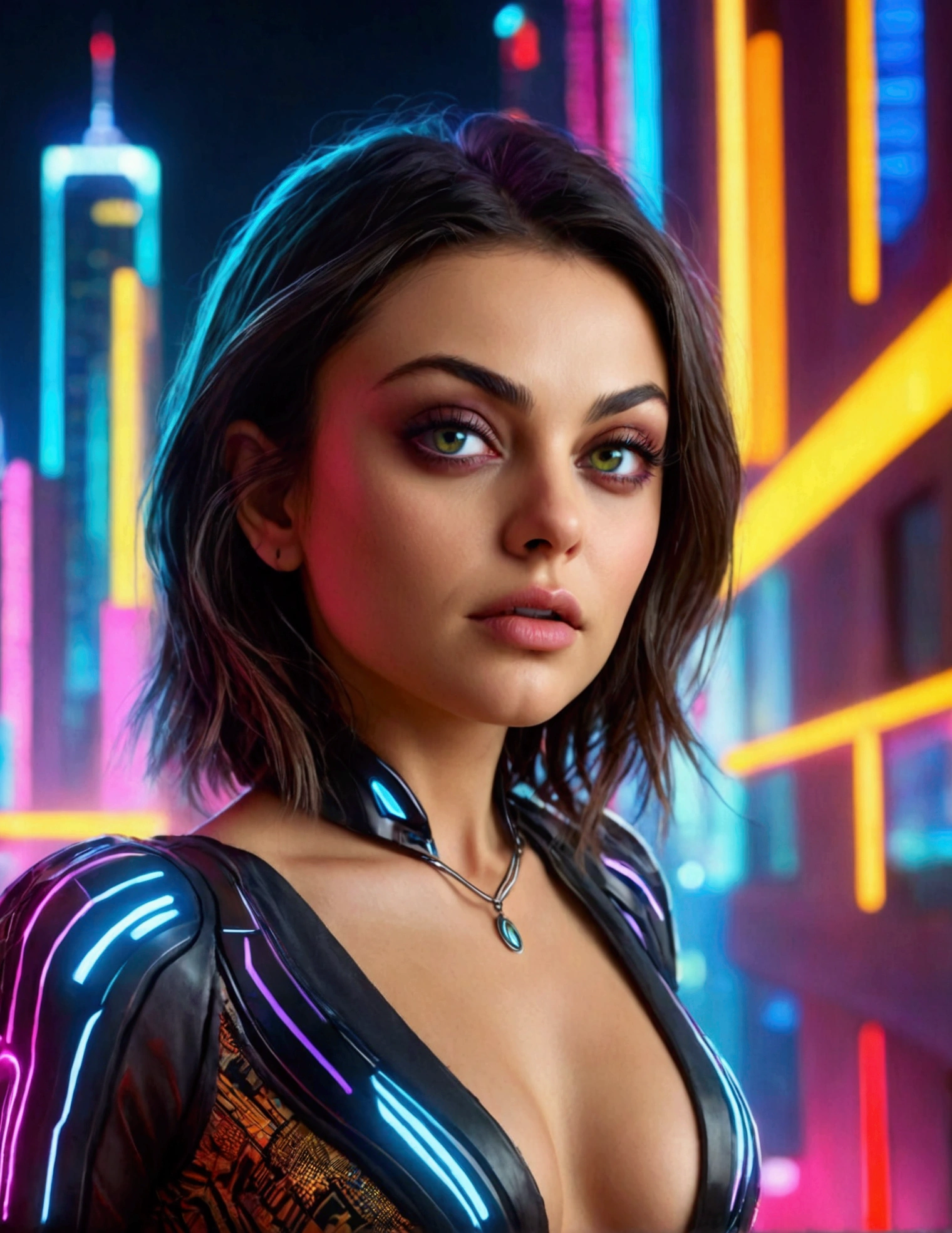 Mila Kunis, 20 years old, beautiful detailed eyes, beautiful detailed lips, extremely detailed eyes and face, long eyelashes, skimpy outfit, playful expression, futuristic cyberpunk city background, neon lights, skyscrapers, holograms, advanced technology, vibrant colors, dynamic composition, cinematic lighting, photo-realistic, best quality, 8k, high resolution, masterpiece