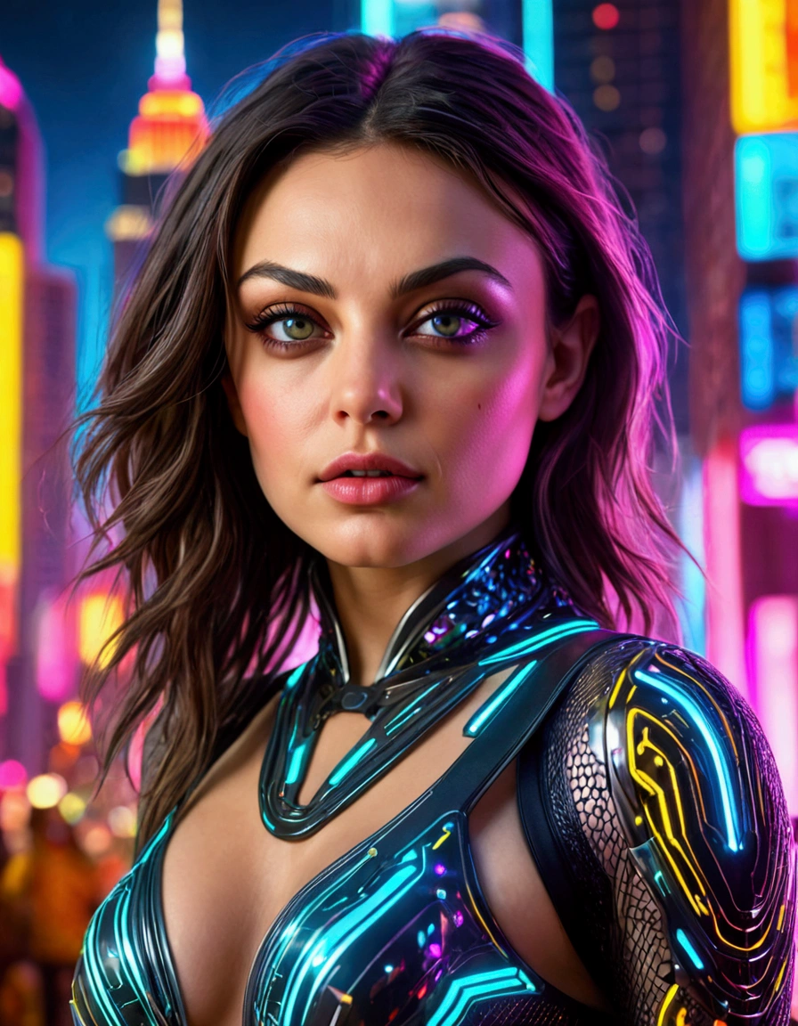 Mila Kunis, 20 years old, beautiful detailed eyes, beautiful detailed lips, extremely detailed eyes and face, long eyelashes, skimpy outfit, playful expression, futuristic cyberpunk city background, neon lights, skyscrapers, holograms, advanced technology, vibrant colors, dynamic composition, cinematic lighting, photo-realistic, best quality, 8k, high resolution, masterpiece