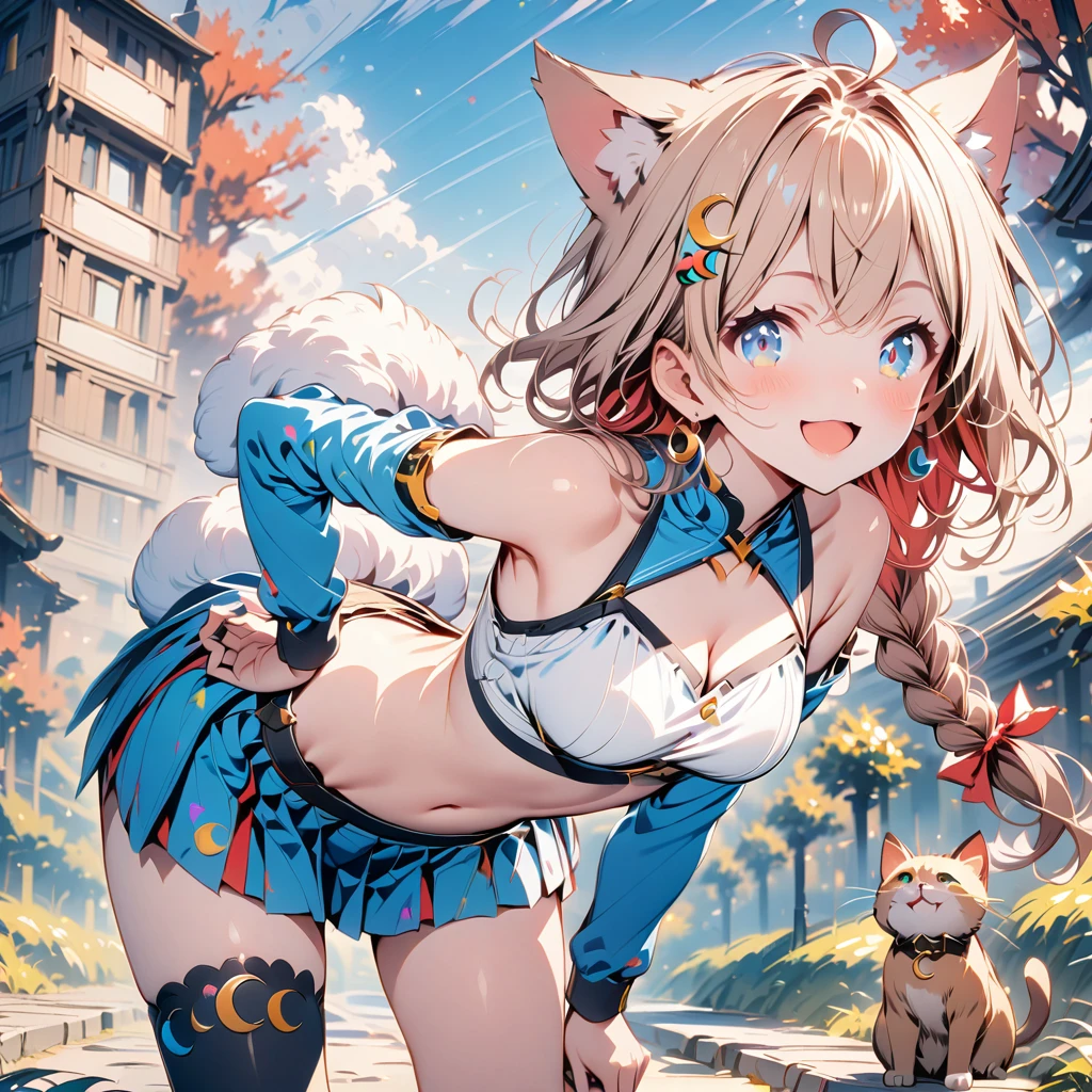 (Masterpiece: 1.3), (Details), ((, Top quality,)) //, (((1 girl, hairpin, crescent hairpin: 1.4))), Solo //, (Brown cat ears, fluffy Cat ears: 1.4), Animal ear hair, (Light brown hair: 1.4), (Red hair: 1.1), (Red inner hair: 1.3), (Straight bangs: 1.4), (Single braid long hair: 1.5) , (Ahoge), (Blue eyes: 1.3), clear eyes, cheeks, mid-chest, cleavage, exposed shoulders, armpits, //, large red ribbon, Looking at viewer, blushing, smiling, happy, open mouth, smile, skirt, shirt, headpiece, thighs, long sleeves, navel, bare shoulders, jewelry, pleated skirt, headband, earrings, midriff, black thighs knee socks, virtual YouTuber, miniskirt, star, crop top, hands on hips, black shirt, ((leaning forward: 1.3)), single thigh-high, asymmetrical legwear