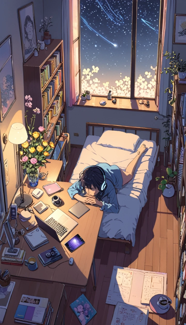 ((anime:1.4,illustration)),(masterpiece, top quality, best quality),(ultra-detailed, absolutely resolution),((16k, high res)). BREAK {lofi art, style of Laurie Greasley, style of Makoto Shinkai, anime aesthetic} BREAK {illustration of A girl is lying on her bed in a room, she is listening to music on her headphones and touching her cell phone, it is dark outside the window and the stars are shining, there is a bed, a bookshelf and a study desk in the room, on the desk there is a laptop computer, a coffee cup and a vase of flowers, the colorful blue color scheme of the room The room is colorful and blue..}