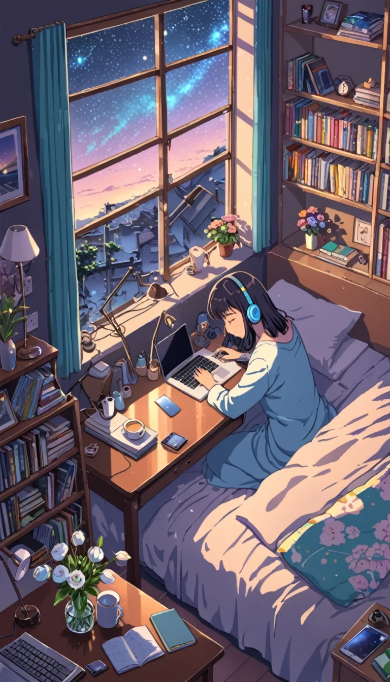 ((anime:1.4,illustration)),(masterpiece, top quality, best quality),(ultra-detailed, absolutely resolution),((16k, high res)). BREAK {lofi art, style of Laurie Greasley, style of Makoto Shinkai, anime aesthetic} BREAK {illustration of A girl is lying on her bed in a room, she is listening to music on her headphones and touching her cell phone, it is dark outside the window and the stars are shining, there is a bed, a bookshelf and a study desk in the room, on the desk there is a laptop computer, a coffee cup and a vase of flowers, the colorful blue color scheme of the room The room is colorful and blue..}