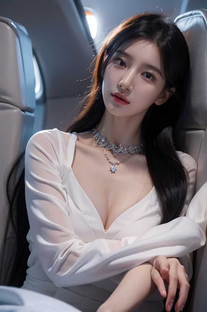 8k, masterpiece, RAW photos, best quality, realistic, extremely detailed CG unity 8k wallpaper, depth of field, Cinematic Light, lens flare, ray tracing, (very beautiful face, beautiful lips, beautiful eyes), A face with intricate details, ((highly detailed skin), Photos of Pretty 1 girl highest quality, ultra high resolution,In reality:1.4), Beautiful woman with a slender body:1.4, pronounced abs:1.4, ultra fine face, Exquisite eyes, double eyelid, choker necklace, black long hair, ((Flight attendant costumes)), ((inside the airplane))