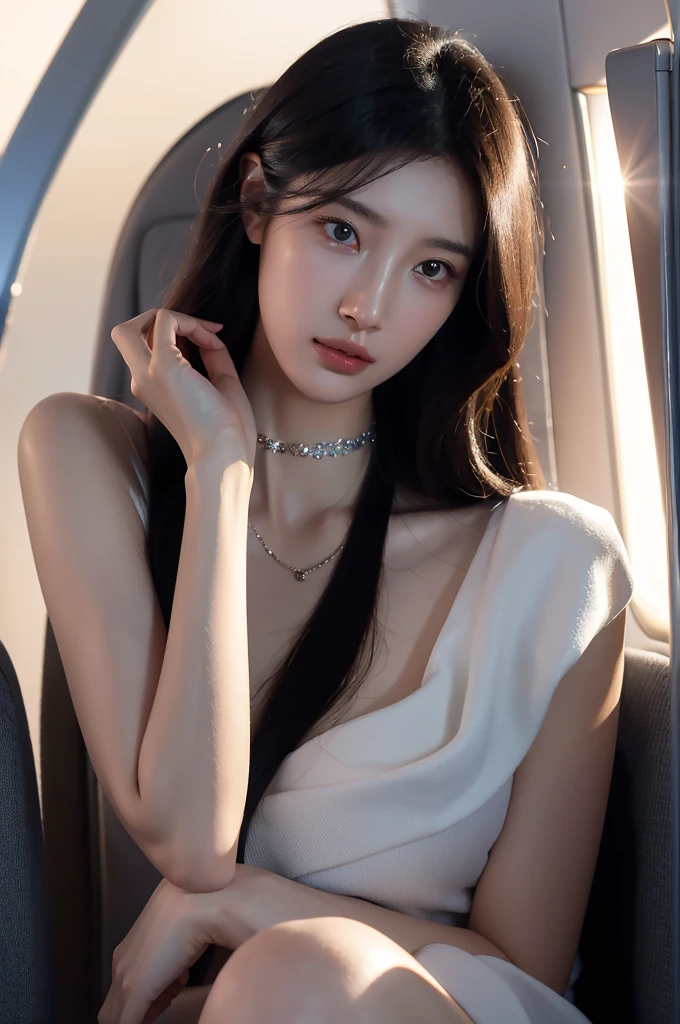 8k, masterpiece, RAW photos, best quality, realistic, extremely detailed CG unity 8k wallpaper, depth of field, Cinematic Light, lens flare, ray tracing, (very beautiful face, beautiful lips, beautiful eyes), A face with intricate details, ((highly detailed skin), Photos of Pretty 1 girl highest quality， ultra high resolution，In reality：1.4), Beautiful woman with a slender body:1.4, pronounced abs:1.4, ultra fine face, Exquisite eyes, double eyelid, choker necklace, black long hair, ((Flight attendant costumes)), ((inside the airplane))