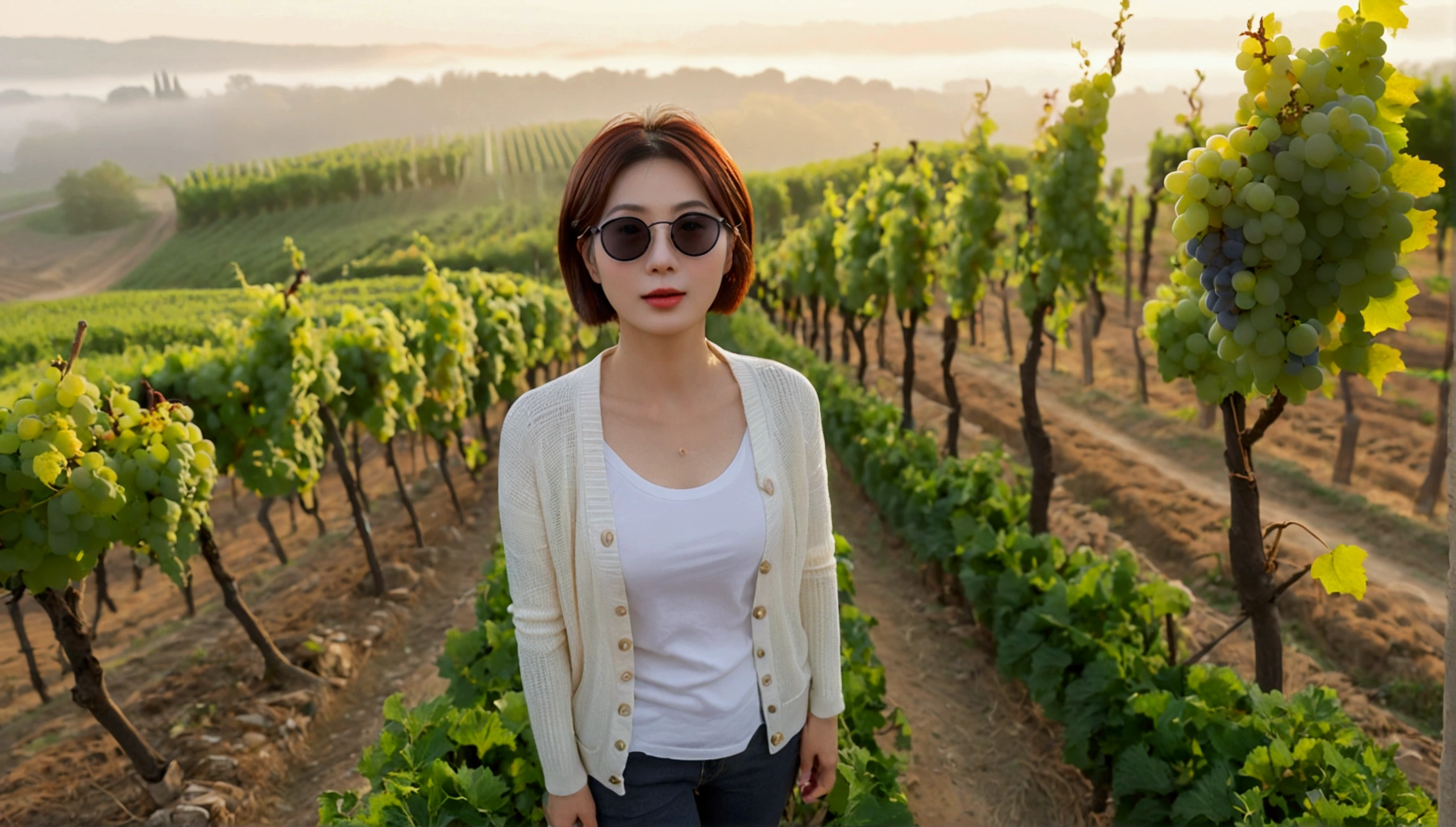 Simul Creativity Upscale Transformation Upscale Download Generation Data Prompt Txt2Img 8k Realistic, lifelike photo,, 36 year old Korean woman, Short in stature, pretty like a model. front view, White shirt and short cardigan, casual pants, short medium hair, Smiley, Italy. vineyard, thick dawn fog. vineyard 지나 짙은 안개 속으로 저 멀리 성당이 보인다. Full body shot from afar with a wide angle lens , 1 woman, Short in stature, looking at the camera, Excellent picture quality, The morning fog is thick, The picture quality is alive. Full body shot with Canon 16-35 wide angle lens, Wearing black horned sunglasses and looking up to the side, The cathedral is visible in the red morning sunlight., standing on a hill path.