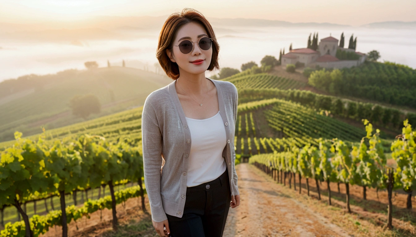 Simul Creativity Upscale Transformation Upscale Download Generation Data Prompt Txt2Img 8k Realistic, lifelike photo,, 36 year old Korean woman, Short in stature, pretty like a model. front view, White shirt and short cardigan, casual pants, short medium hair, Smiley, Italy. vineyard, thick dawn fog. vineyard 지나 짙은 안개 속으로 저 멀리 성당이 보인다. Full body shot from afar with a wide angle lens , 1 woman, Short in stature, looking at the camera, Excellent picture quality, The morning fog is thick, The picture quality is alive. Full body shot with Canon 16-35 wide angle lens, Wearing black horned sunglasses and looking up to the side, The cathedral is visible in the red morning sunlight., standing on a hill path.