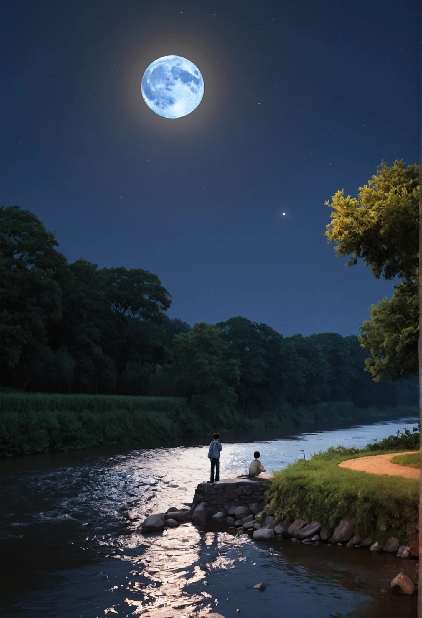 UPER Viewing Camera , chip , River, Soft light , a moon, Nuit, Boy , The artwork , masutepiece, Game View, Pixel Perfect