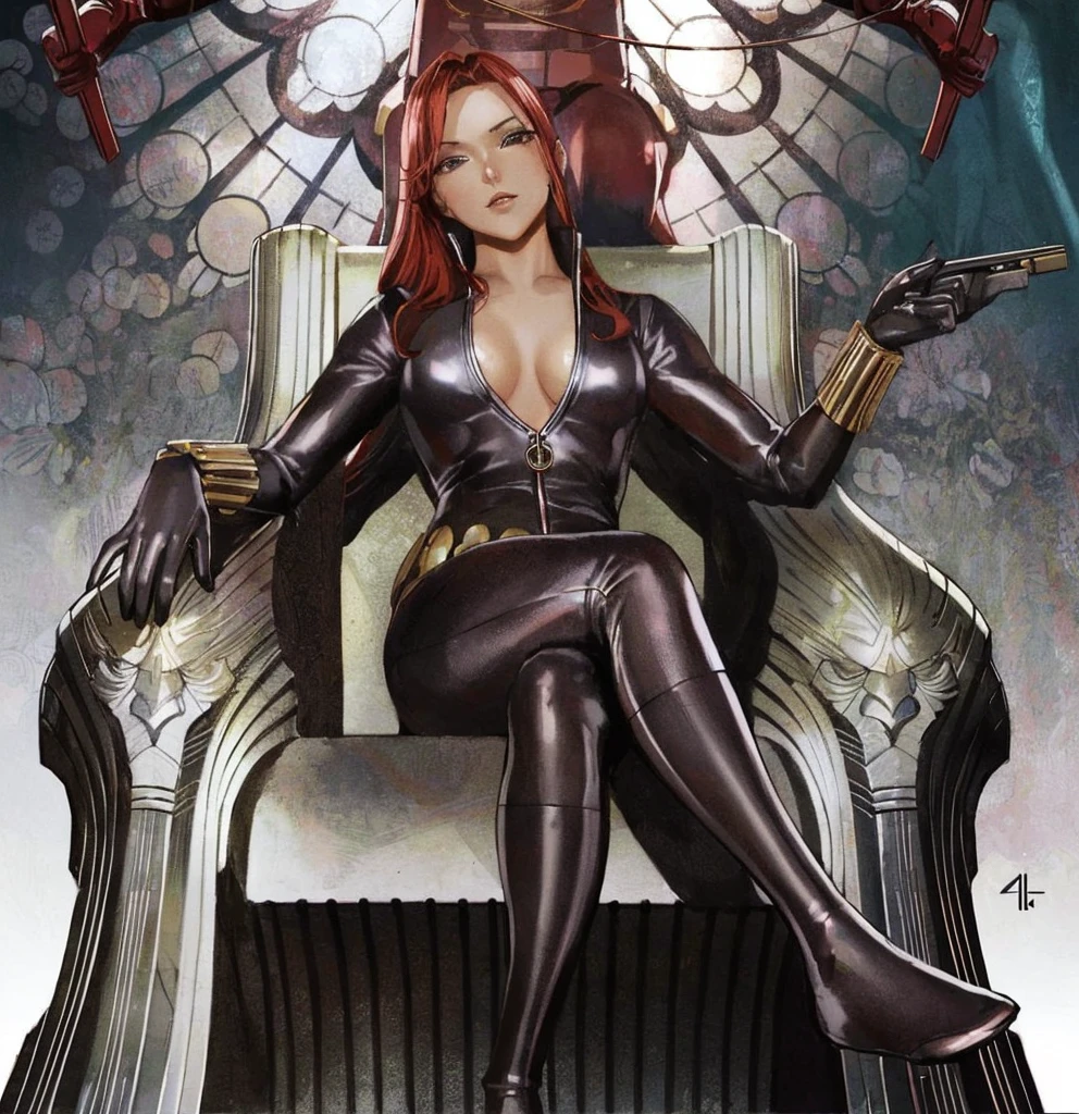 A digitally illustrated image shows an anime girl with red hair wearing a a sleek skin-tight shiny black latex bodysuit with a deep-cut zipper neckline revealing a large chest and seated on an ornate, metallic throne. She also wear a leather belt adorned with golden circle and a wrist guard made by golden stick. She is holding a gun in her left hand and looks directly at the viewer. The throne and the background are intricately designed, with the throne featuring carvings of flora and fauna and the background showcasing elaborate patterns in blue, pink, and cream, accented with red elements. The setting conveys a blend of modern and futuristic aesthetics.
