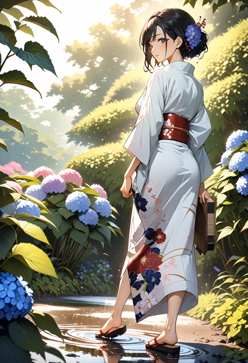 High Resolution, High Quality, High Detail, HD, Anime Style, (One japanese woman:1.5), (Adult japanese women:1.5), (slender body:1.3), Black Hair, Black eye, Very short hair, Asymmetrical Bangs, Wearing a floral pattern japanese yukata, (The hem of the yukata is slightly above the ankle:1.3), Holding a Japanese umbrella, wearing red japanese sandals, Backshot, Look back at the camera, Hydrangea below half of the foreground, Sky after rain, Puddle on the ground