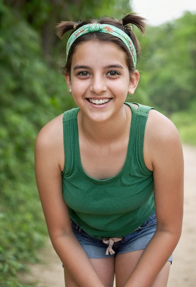 A -yeld wh skin fair indian girl with a cheerful and adventurous spirit, visible from the hips up. She is wearing a casual green tank top and snug jean shorts. Her short brown hair is tied back with a hairband or ribbon, and she has large, expressive eyes (brown or black). Close up
