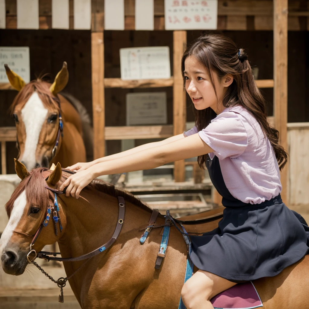 (((Pixel Perfect, Perfect in every detail))), Girl riding a wooden horse，Crying in pain，