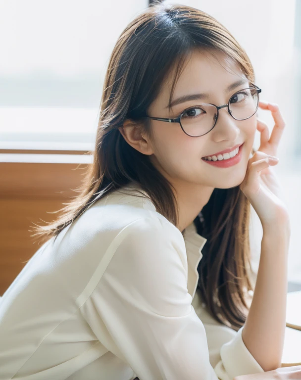 ((​Masterpiece, Top image quality, high resolution、alone、skin shiny))(on the table, best quality, current, super detailed, meticulous, high resolution, 8k wallpaper), Close-up portrait of a beautiful woman, like, smiling, light brown messy hair, Perfect dynamic composition, Beautiful and meticulous eyes, Just like the cover of a fashion magazine, on campus，wearing gold glasses