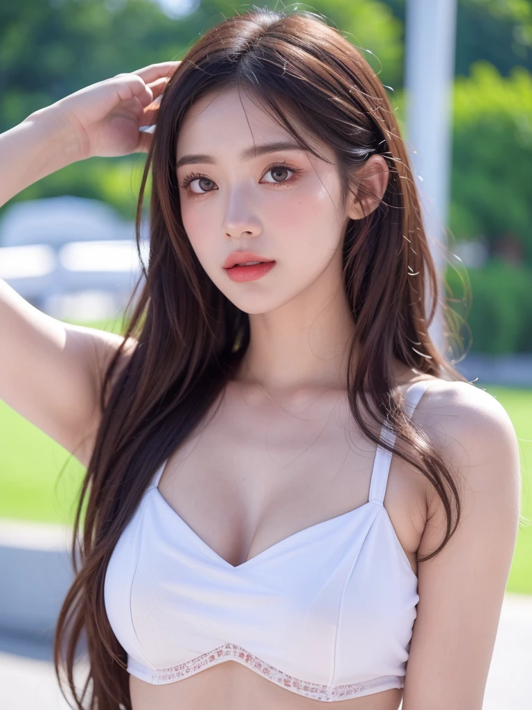 Young beautiful brunette with black hair, Fair-skinned in white lingerie outside the playground, ((mince, )), (seins moyens),Realstic, photo, masutepiece, realism, realism, photoreallistic, high contrast, Art Station 8k HD Photorealistic Digital Art Trending Real Details, Detailed, textures de peau, Ultra-detailed, realistic skin textures, armure, Best quality, ultra highres, (photorealism: 1.4),, High resolution, Detailed, Photo brute, tranchant, Par Lee Jeffries 「Pellicule Nikon D850」file photo 4 Kodak Portra 400 F1 camera.6 Lenses Ultra-Realistic Color Rich TextureSpectacular LightingUnreal EngineCinestir Art Station800 Trends, corps entier,