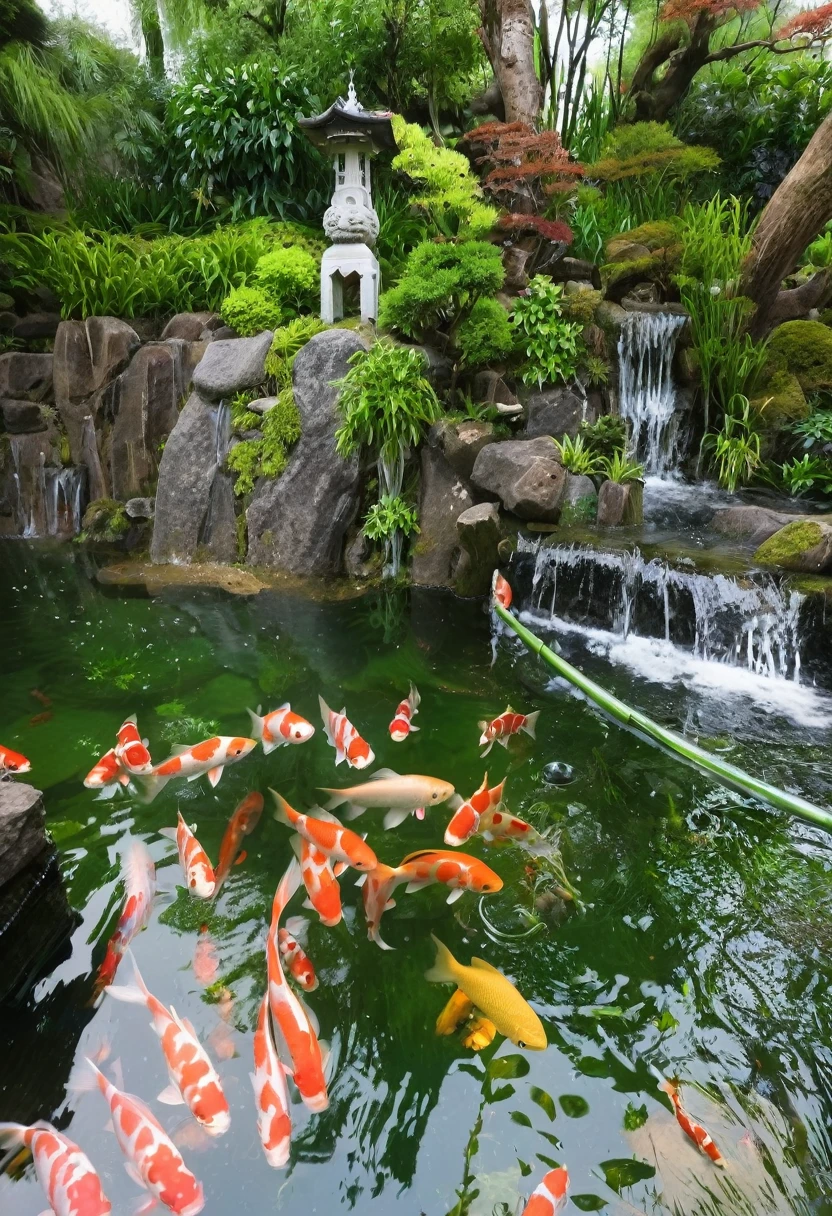 there are many fish swimming At the pond near a waterfall, Require pond, in Japanese garden, Japanese garden, Require fishes, lush Japanese Landscape, reflective water Require pond, garden Pond scene, swimming fish, floating Require fish, Japanese Landscape, Japanese Nature, Serene landscape, Require fish, Fishpond and courtyard, Require, Pond scene, At the pond