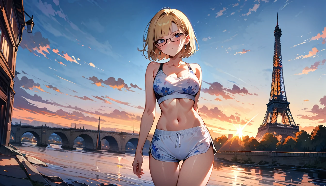 (masterpiece, best quality:1.2),1girl, (solo), Android 18 from Dragon Ball, ((floral print white sport bra, light gray dolphin shorts)), medium breasts, blunt bangs, blonde short hair, black eyes, earrings on earlobes, slim, slender feminine figure, skinny body, blush, magnificent view, blur background, 8K, the Eiffel Tower, collarbone, riverside, sky, sunny, thigh gap, (wearing glasses),