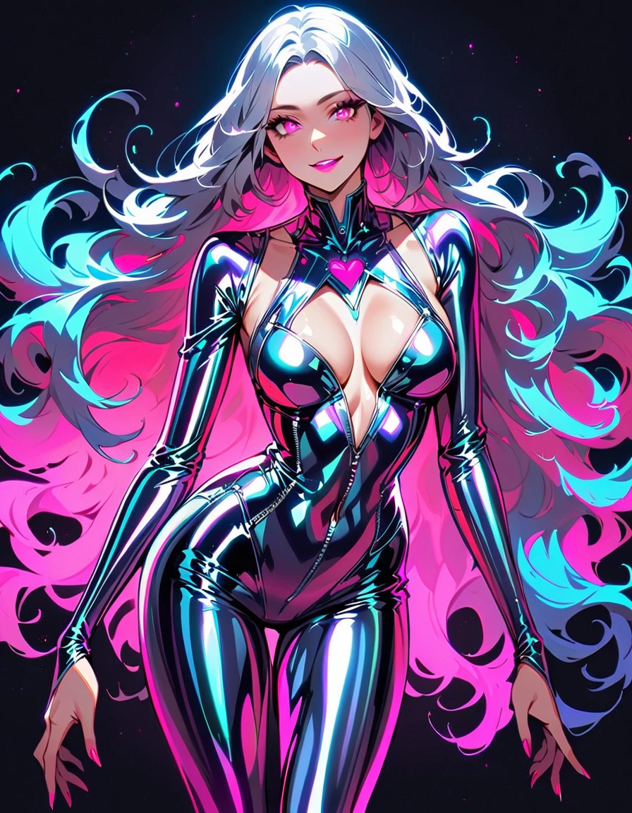 Young beautiful woman,(Highest quality,Extremely detailed depiction,Incredibly absurd high resolution,Anatomically accurate depiction,Curvy Legs),(Glowing Skin,Shiny skin,),(Cool and sexy silver outfit,Metallic sheen latex),eyelash,Flashy makeup,eye shadow,Glowing pink eyes,There is cleavage in the chest,Glossy Lips,Shadowed face,Wicked Smile,whole body,Standing posture,