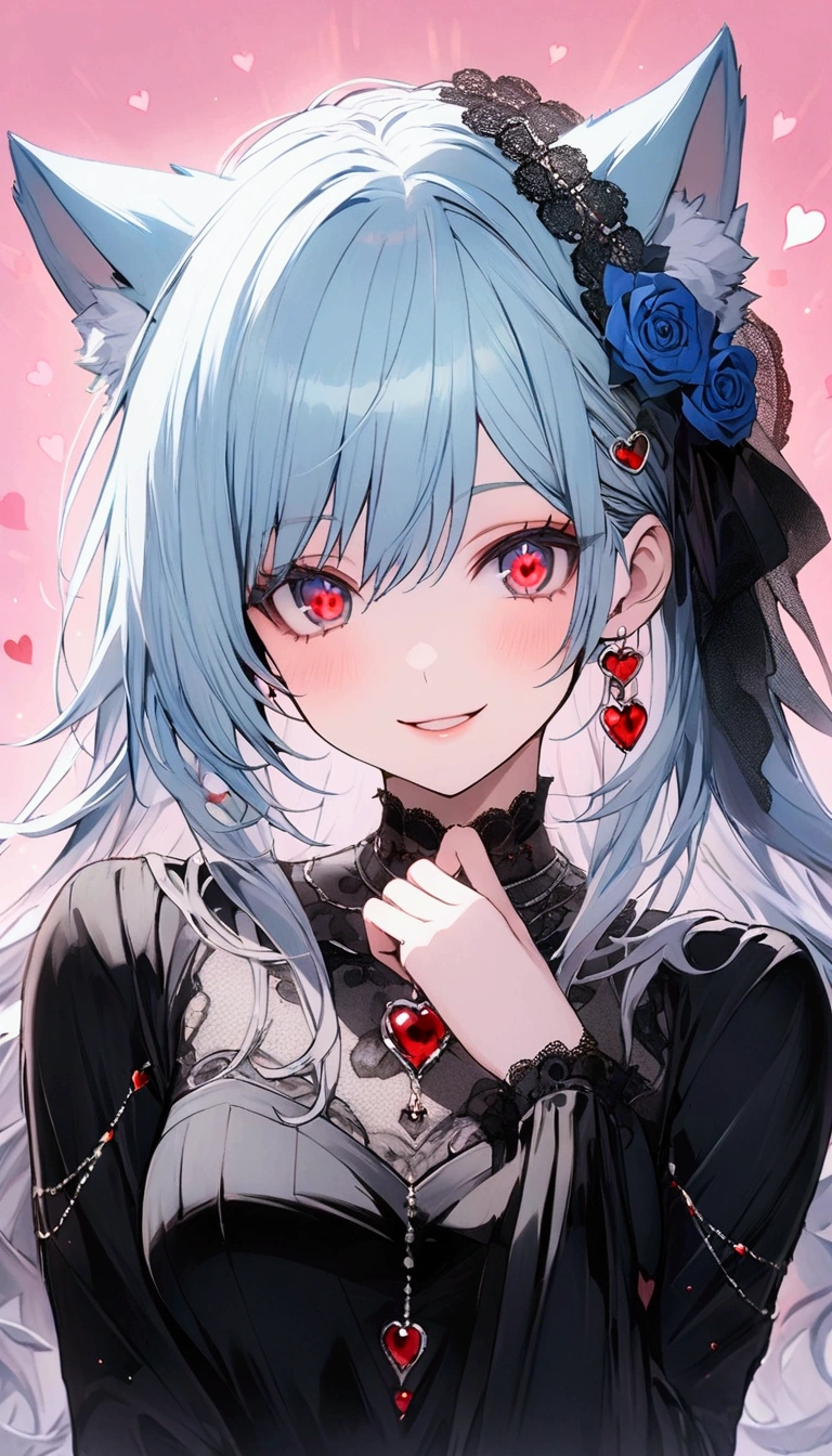 Absurd, (Wolf personification:1.2),1 girl, Adult ,Mature Woman,Age 20 or older,Ice blue hair and red eyes、And there are pink hearts and hearts around the eyes, Official Art,Pink Background, Red hearts on background , Upper Body, Captivating smile, wearing a black gown,Blue rose in my head
