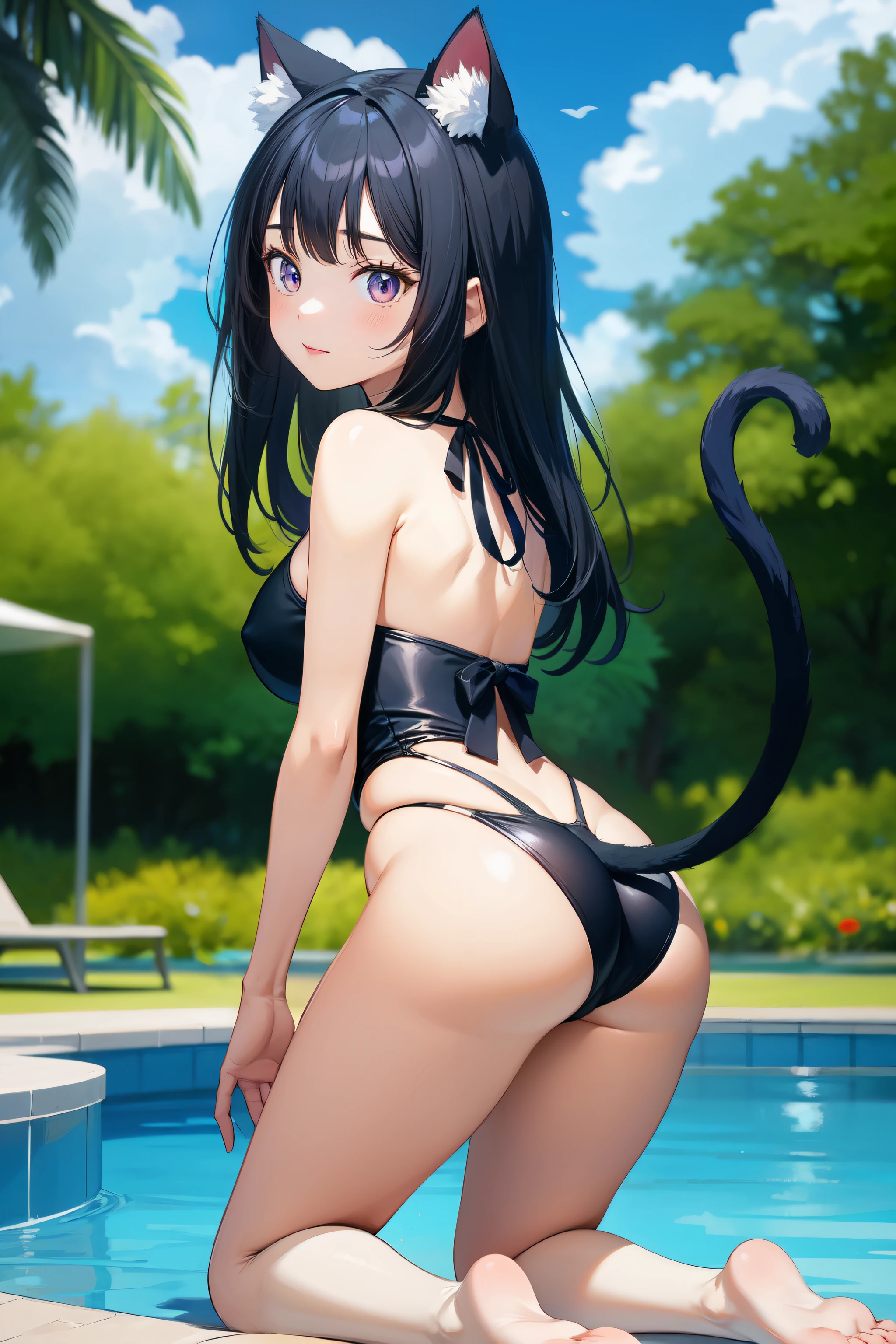 18 year old cat girl, in a swimsuit, two black tails, black hair, slim waist, medium breast, rounded butt, booty to the screen, Is on my knees