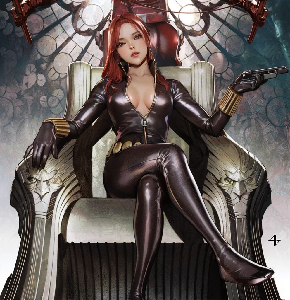 A digitally illustrated image shows an anime girl with red hair wearing a a sleek skin-tight shiny black latex bodysuit with a deep-cut zipper neckline revealing a large chest and seated on an ornate, metallic throne. She also wear a leather belt adorned with golden circle and a wrist guard made by golden stick. She is holding a gun in her left hand and looks directly at the viewer. The throne and the background are intricately designed, with the throne featuring carvings of flora and fauna and the background showcasing elaborate patterns in blue, pink, and cream, accented with red elements. The setting conveys a blend of modern and futuristic aesthetics.