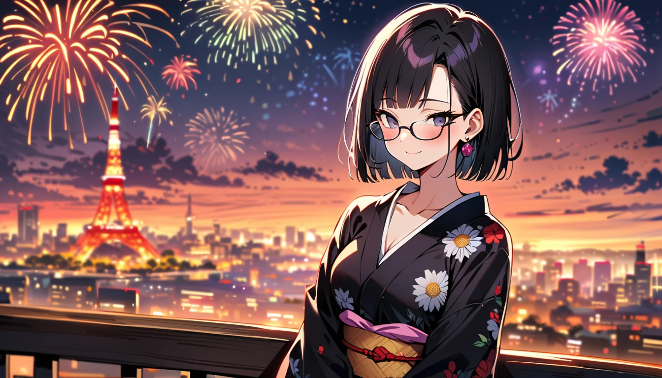 (masterpiece, best quality:1.2),1girl, (solo), Android 18 from Dragon Ball, ((floral print black Kimono)), medium breasts, blunt bangs, purple short hair, (black eyes), earrings on earlobes, slim, slender feminine figure, skinny body, blush, magnificent view, blur background, 8K, Tokyo Tower, firework, collarbone, (Kimetsu no Yaiba), hands open, smile, wearing glasses,