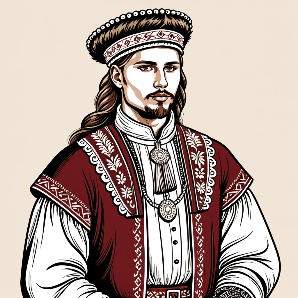man in latvia folk outfit, vector graphics, strong contours
