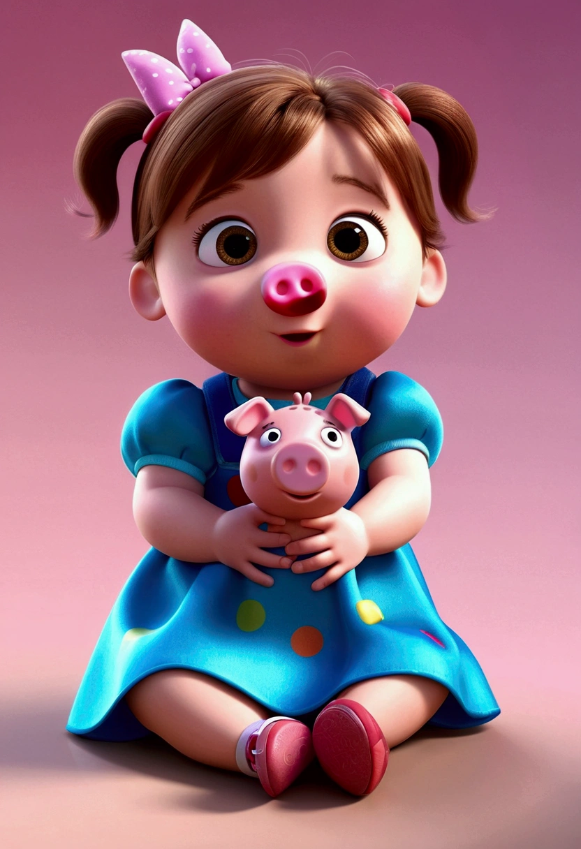 a 2  girl, sitting, thin face, slim, disney pixar style, 3d, animated cartoon, fly away, shiny colors, very short light brown hair, fair brown-skinned, big dark eyes with a peppa pig toy in her hand